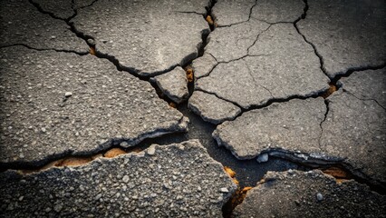 Obraz premium A Detailed Close-Up View of Cracked Asphalt Showing Textural Variations and Subtle Color Shifts