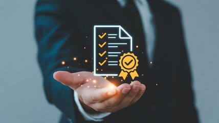 A businessperson holds a digital representation of a quality assurance certificate with glowing particles.