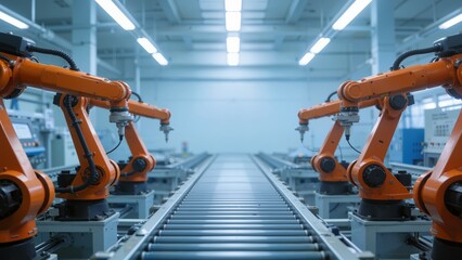 Orange robotic arms on conveyor line