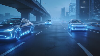 Futuristic cars on highway at night