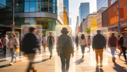 People walking on city street with digital overlays