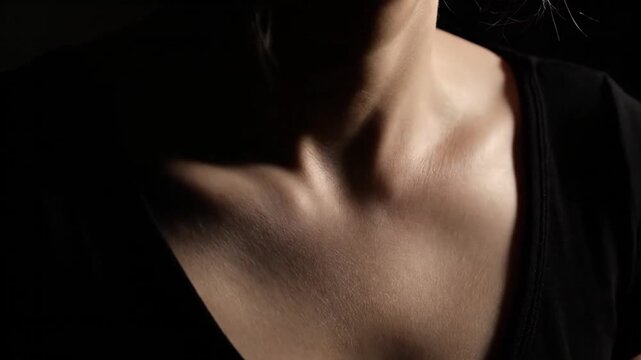 Dramatic low-key lighting illuminates the collarbones, neck, and upper chest against a black background. The light subtly shifts across the skin, emphasizing contours and bone structure over eight se