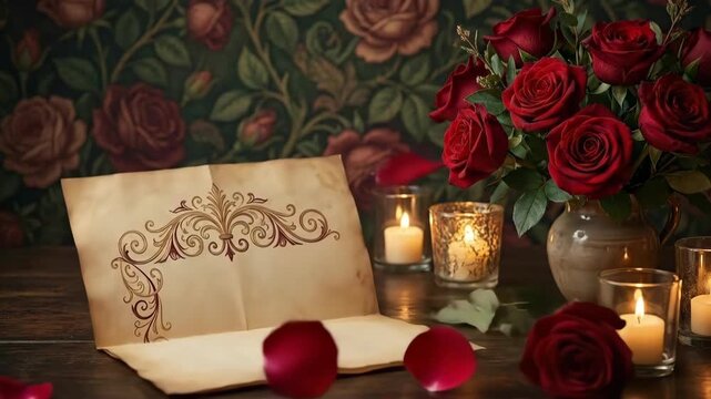 Romantic aged paper with ornamental border and falling rose petals, next to red roses and flickering candles, for an emotional Valentine day message.
