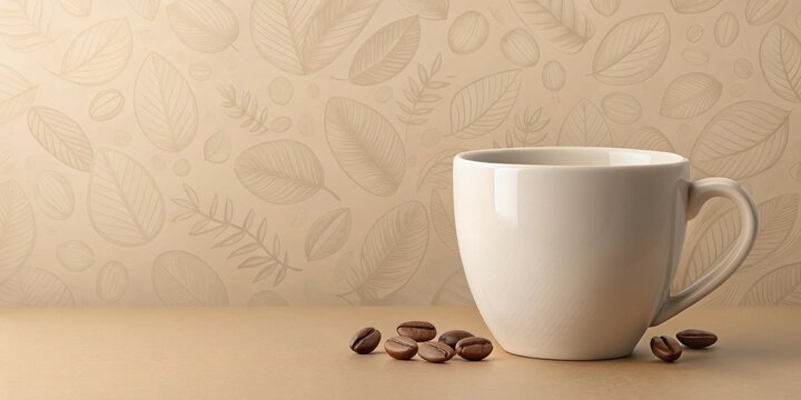 A Simple Still Life Featuring a Coffee Mug and Roasted Beans Against a Subtle Botanical Background