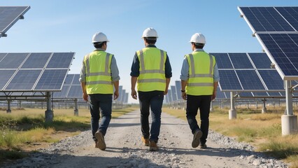 Three workers in highvisibility vests walking at a solar farm