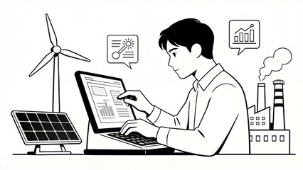 Person working on laptop with renewable energy and factory