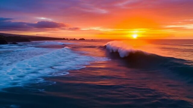 The sun sets over the ocean, casting a warm golden glow on the waves and creating a beautiful seascape.