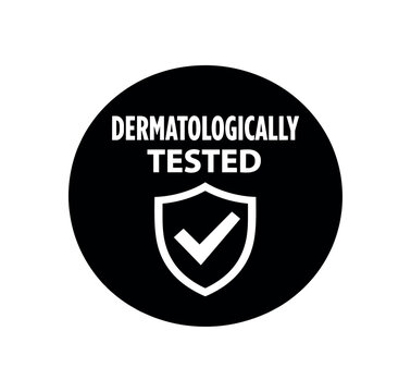 Flat vector badge DERMATOLOGICALLY TESTED simple white shield with checkmark scalable SVG look