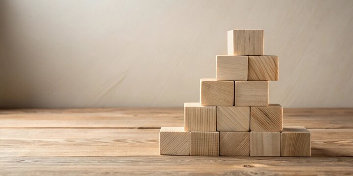 Wooden blocks arranged in a stair-step pattern on a rustic wooden surface against a neutral backdrop, symbolizing growth, development, and building a strong foundation.