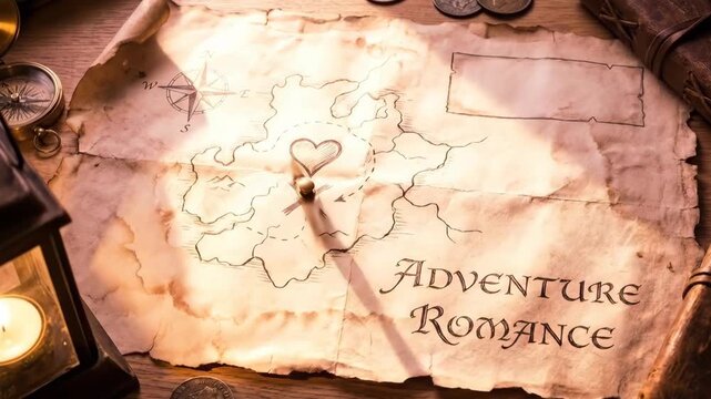 An old map with a special heart marked location and Adventure Romance text. A vintage romantic treasure hunt concept. Valentines day quest.