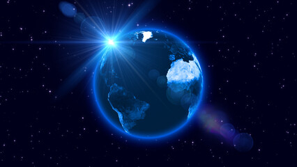 Obraz premium earth planet orbit and shiny stars space and blue light rays, galaxy and univers night sky ,science and technology social media background