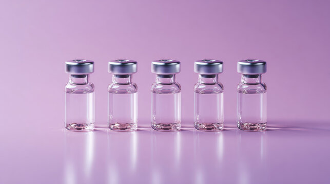 Five Vials For Doping Control. Five clear glass vials with silver caps are lined up on a reflective pink surface, symbolizing medical testing and fair competition