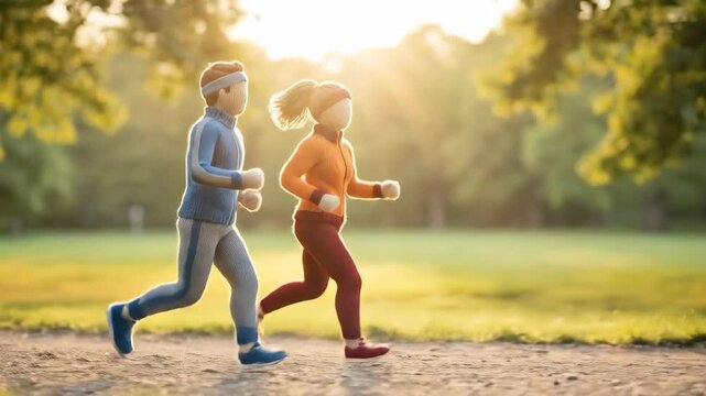 Knitted man and woman running together in a park during sunset. Handcrafted figures jogging outdoors on a sunny day for active lifestyle.