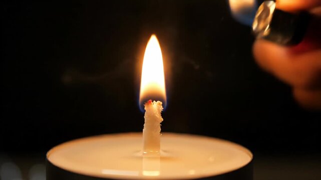Close-up of a hand lighting a candle wick with a lighter in darkness