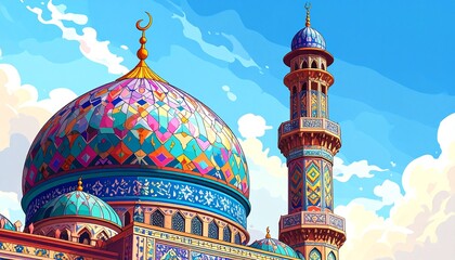 Vibrant mosque architecture with colorful domes and minaret