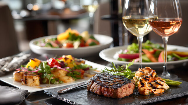 Gourmet surf and turf dinner featuring a perfectly grilled steak and succulent shrimp served alongside fresh salads and chilled white and ros&eacute; wines in an upscale dining environment