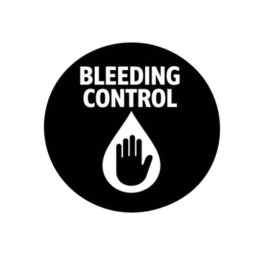 Flat vector badge BLEEDING CONTROL simple white droplet with stop hand