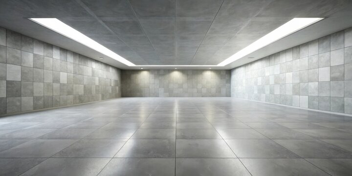 Empty Modern Room with Gray Tile Floor and Walls, Recessed Lighting, and Clean Minimalist Design