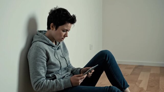 A young person sits alone on the floor of an empty room, leaning against a white wall, intently focused on a smartphone or tablet screen, showing isolation and digital immersion over eight seconds.