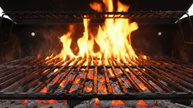 Close-up of a hot grill with flames and glowing embers, preparing for barbecue