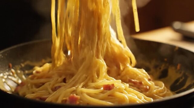 Close-up of Delicious Spaghetti Carbonara Being Cooked and Served in a Pan.