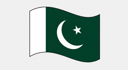 Waving pakistan flag with crescent moon and star symbol on green and white background