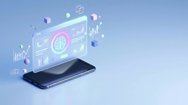 Mobile phone digital brain artificial intelligence data analysis hologram user interface machine learning technology innovation futuristic smartphone hologram interface with data analysis brain