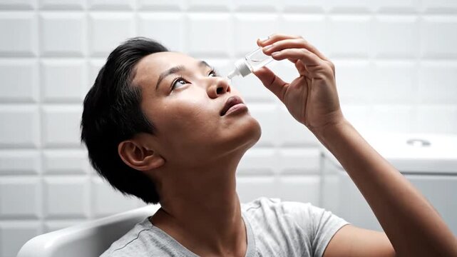 In a brightly lit bathroom, a person with short hair leans back, carefully applying drops from a small vial into their right eye for relief from dry eyes or irritation. The process is steady and focu