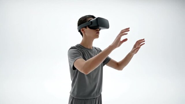 A teenage user explores a virtual world, making intuitive hand gestures  &mdash;reaching, tapping, and manipulating interfaces&mdash;while immersed in a VR headset against a clean, white background.