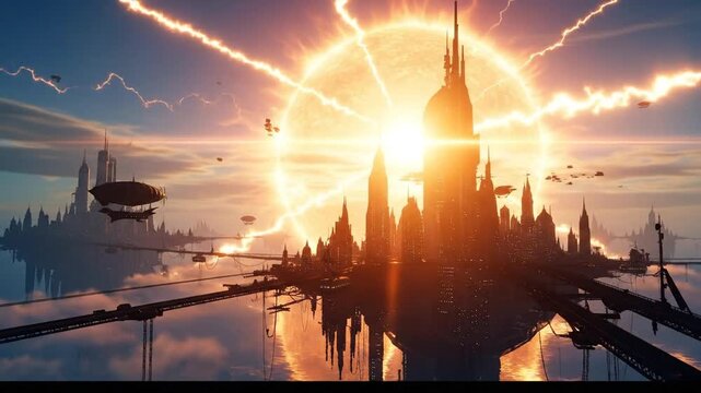 Futuristic floating cities against a bright sun
