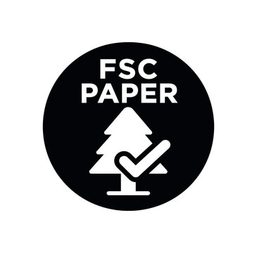 Flat vector badge FSC PAPER simple white tree with checkmark