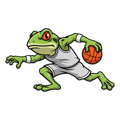 Fototapeta premium Cute frog basketball player reaching forward while dribbling ball, green cartoon amphibian athlete mascot in white uniform, dynamic sporty animal character illustration for logo, kids team branding, v