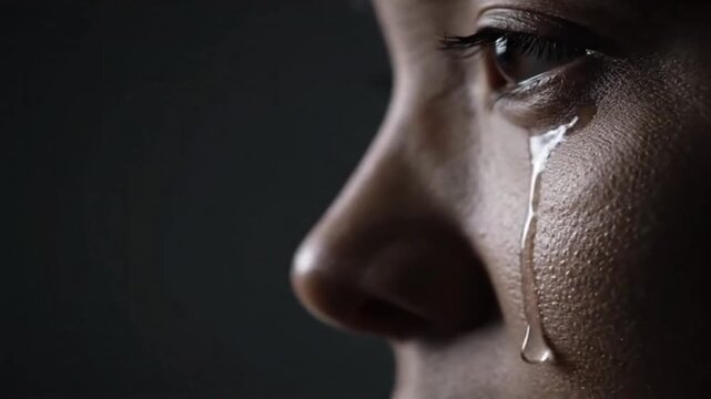 A cinematic, close-up shot captures a person's profile in low light, showing a tear welling up, dripping, and running slowly down their cheek over several seconds, conveying profound sadness and pain