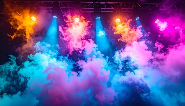 Abstract colorful smoke clouds illuminated by concert lights perfect for a high energy Carnaval de Salvador celebration theme