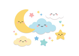 colored flat icon vector illustration nursery with moon and cloud stickers soft visual sleep ambiance flat on white background clean shapes