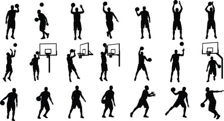 Basketball silhouette icon set, player action illustration, dribble dunk shoot pass defend artwork, sports training graphic, black and white vector © afjal