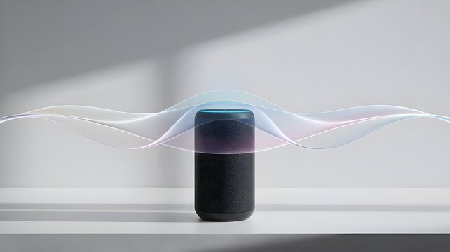 Black smart speaker with abstract sound waves &ndash; Ideal for audio technology, voice assistant marketing, or music streaming content.