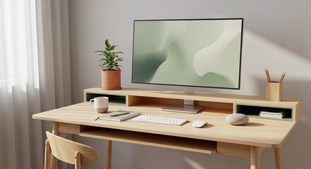 Fototapeta premium Eco-Inspired Minimal Workstation Desk with Natural Wood, Muted Green Accents, and Organic Materials in Soft Daylight