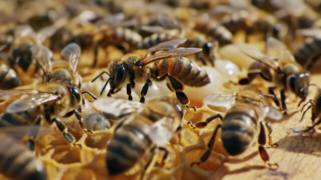 Close-up of bees tending to larvae in a honeycomb, macro view