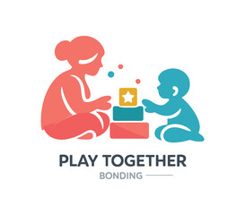 Single flat vector icon of mom and toddler play: rounded mother silhouette sitting cross legged facing small toddler stacked toy with cutout between them two tiny confetti dots stylish