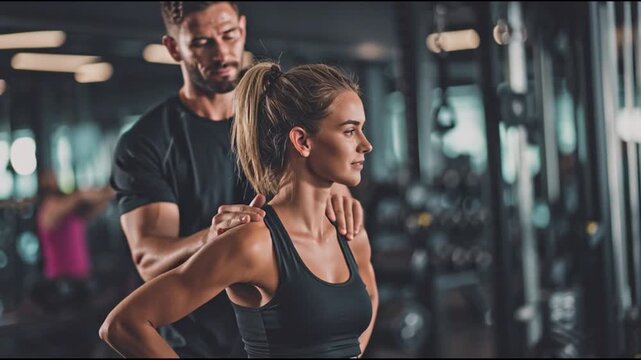 A male fitness trainer assisting a female client with her form in a gym with a dark background.