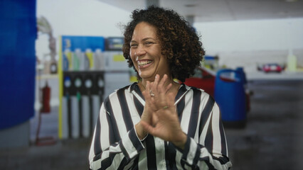 Woman waves hands near petrol station forecourt with visible fuel pumps and cars under daylight on street  pure joy. © Krakenimages.com