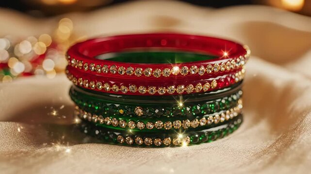 Elegant bangles adorned with sparkling stones in red and green colors arranged on fabric. These colorful bangles add charm and festivity to cultural celebrations and special occasions.