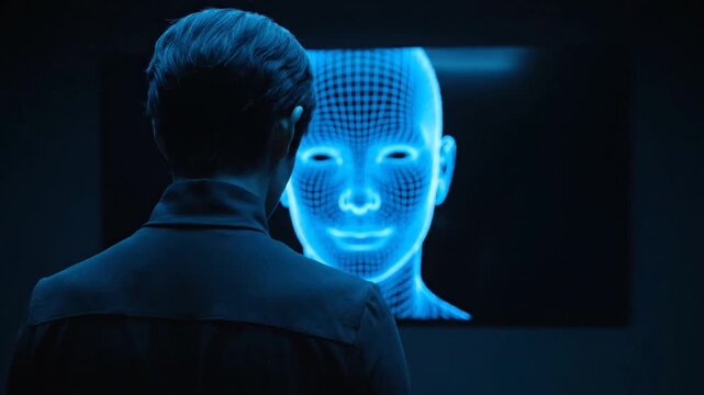 A person observes a blue wireframe digital avatar on a dark screen. The AI face, composed of glowing grid lines, subtly smiles over the 8-second duration, suggesting an unfolding interaction in a fut