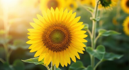 Obraz premium Brilliant Sunflower Head Bathed in Warm Golden Hour Sunlight in a Field