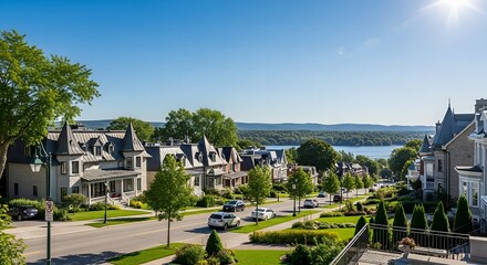 Beautiful Sunny Day View of Residential Street with Lake Landscape