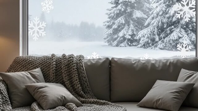 Cozy sofa with snowy forest view, snowflake decor