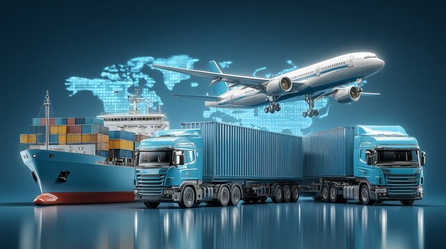 transportation and logistics concept, cargo ship, a delivery truck, and an airplane, there are globe model with a map, Global cargo delivery. 