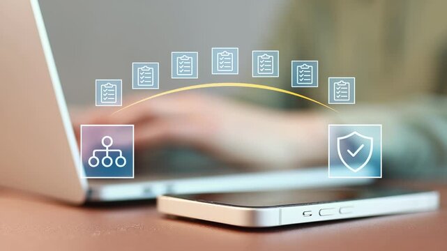 Technology connects devices for secure data transfer in an office setting during work hours.
