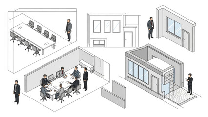 Isometric illustration of office spaces showing various meeting rooms and individuals from different viewpoints